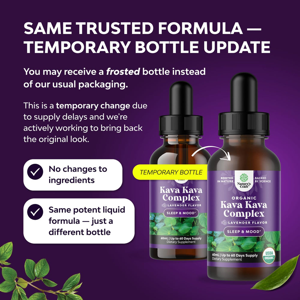 Closeup of Natures Craft Kava liquid drops label highlighting kavalactones and potency.
