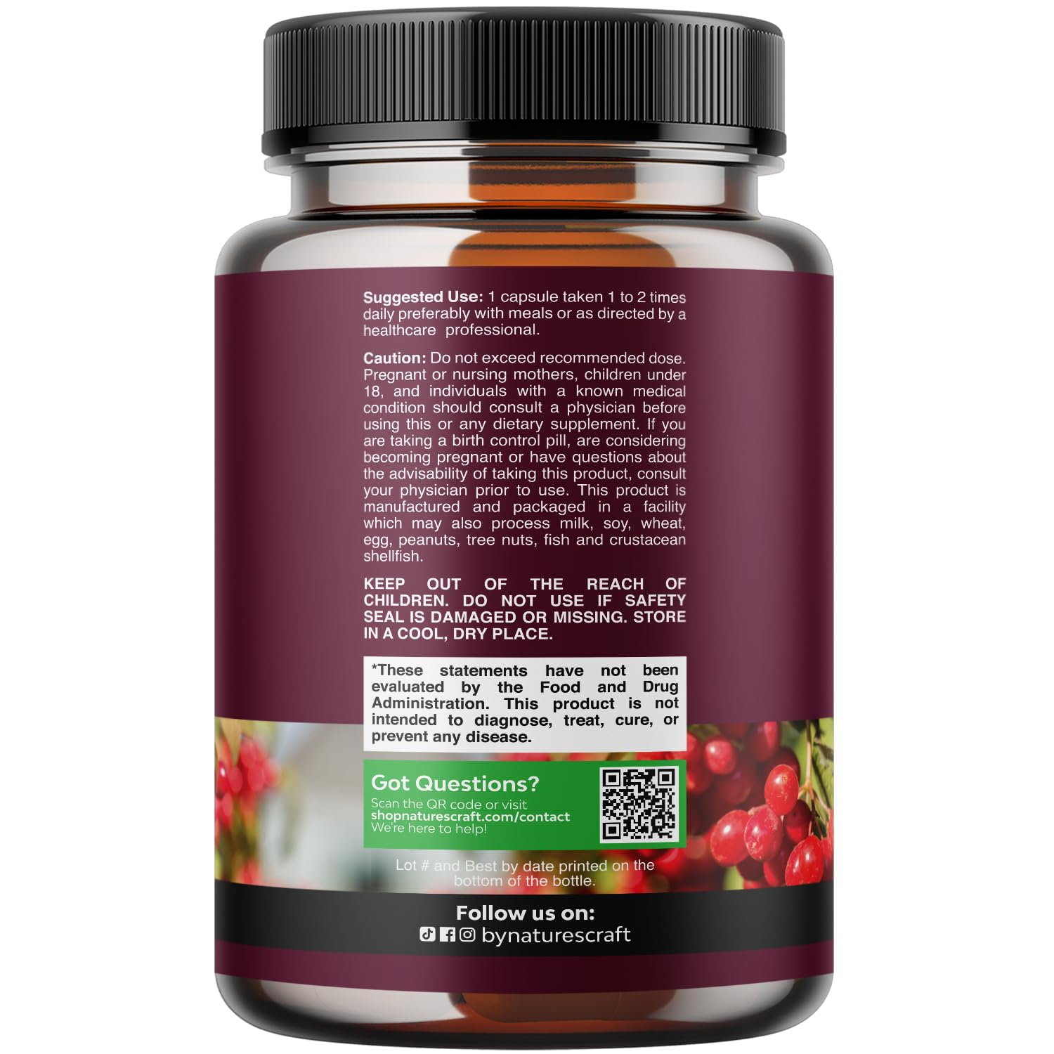 Natures Craft kidney support capsules closeup highlighting cranberry and herbal blend for urinary health.