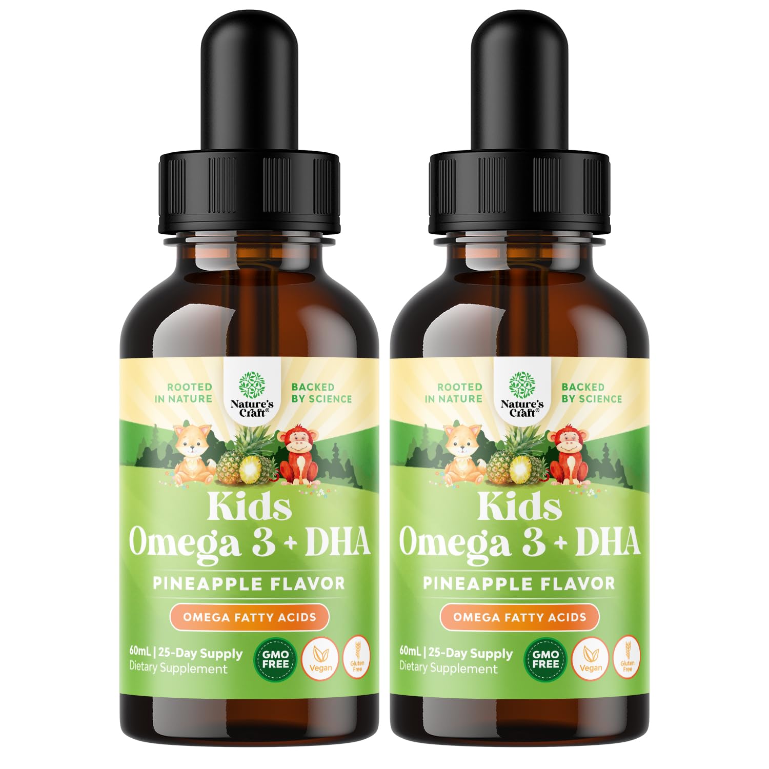 Natures Craft Kids DHA Omega-3 drops bottle with vegan formula supports growing minds and focus.