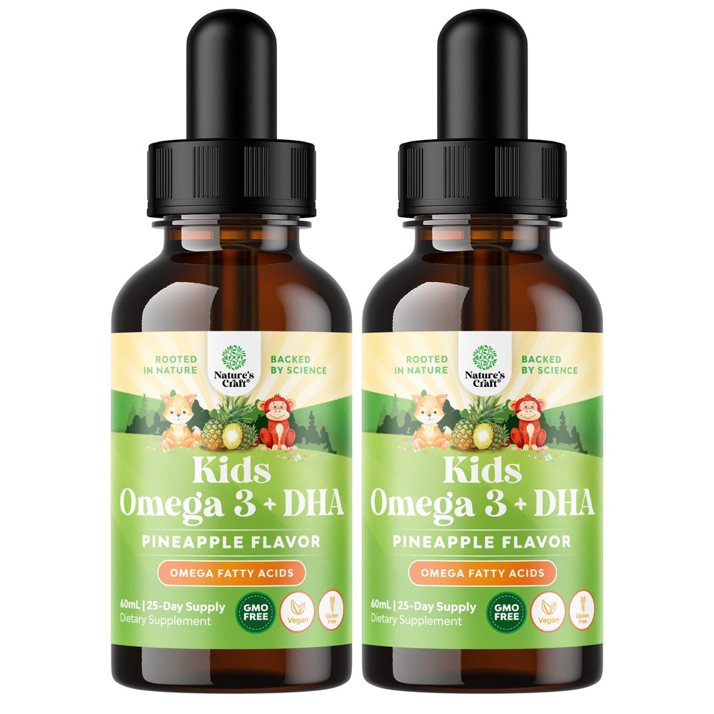 Natures Craft Kids DHA Omega-3 drops bottle with vegan formula supports growing minds and focus.
