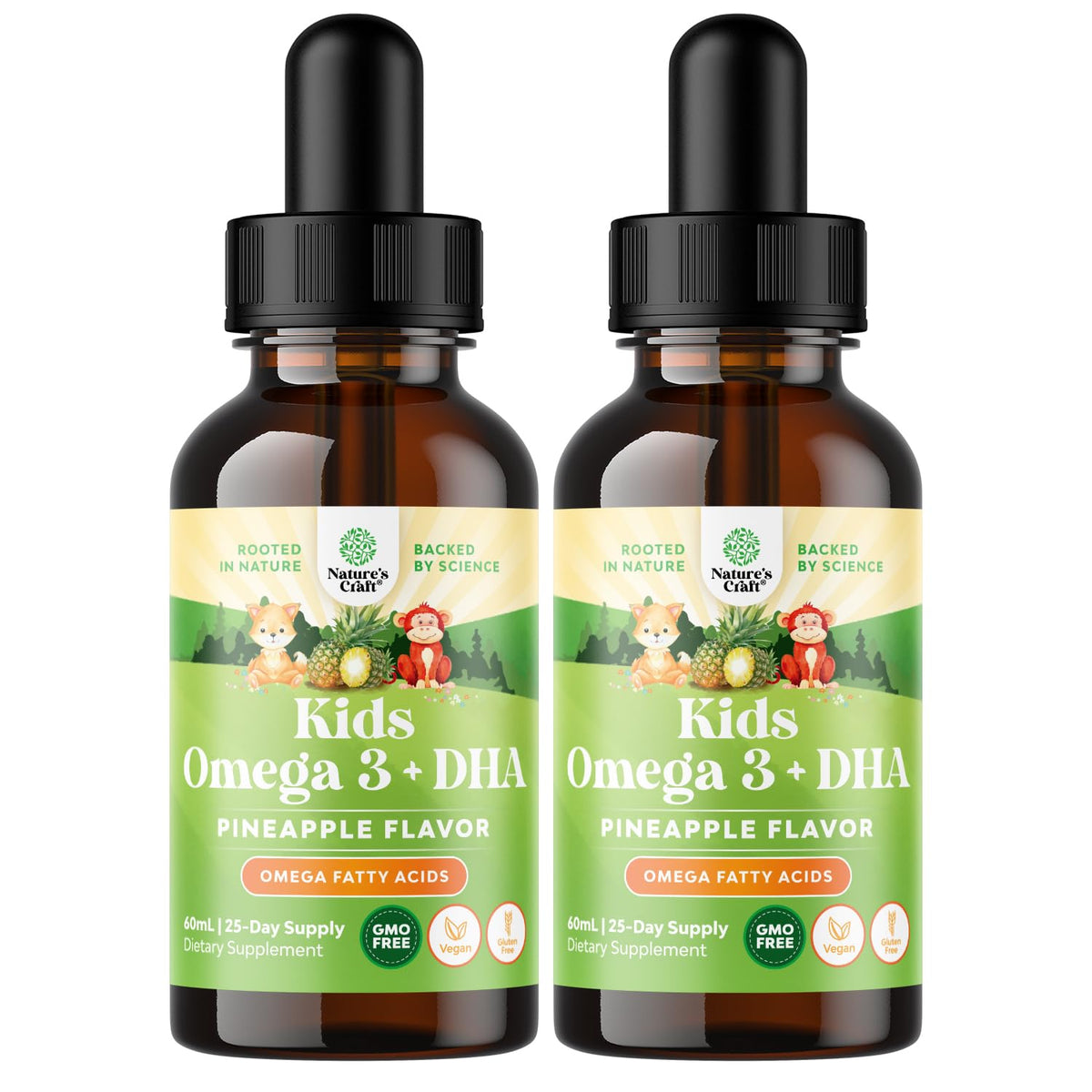 Natures Craft Kids DHA Omega-3 drops bottle with vegan formula supports growing minds and focus.