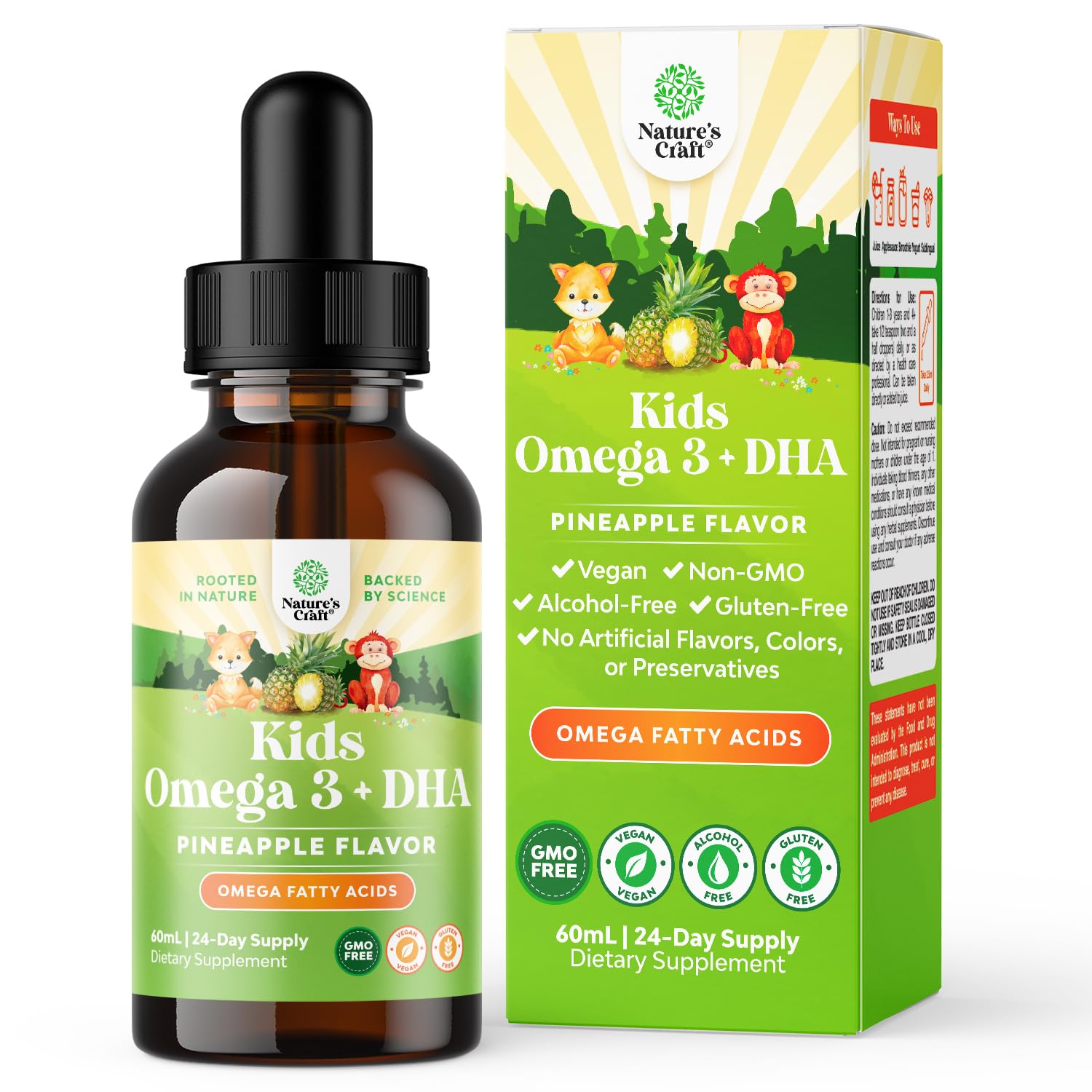 Natures Craft Kids DHA drops bottle showing plant-based omega-3 for brain and vision support
