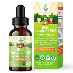 Natures Craft Kids DHA drops bottle showing plant-based omega-3 for brain and vision support