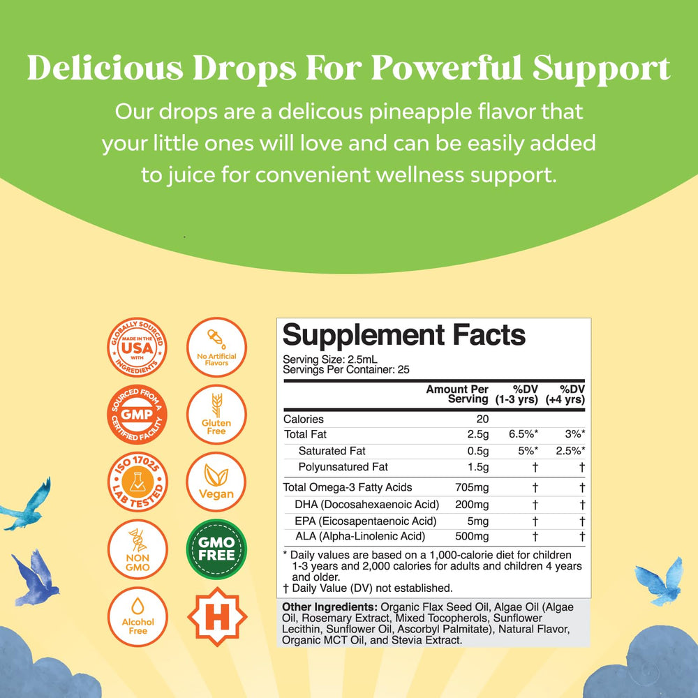 Pouring the drops shows kid-friendly dosing for easy daily use.
