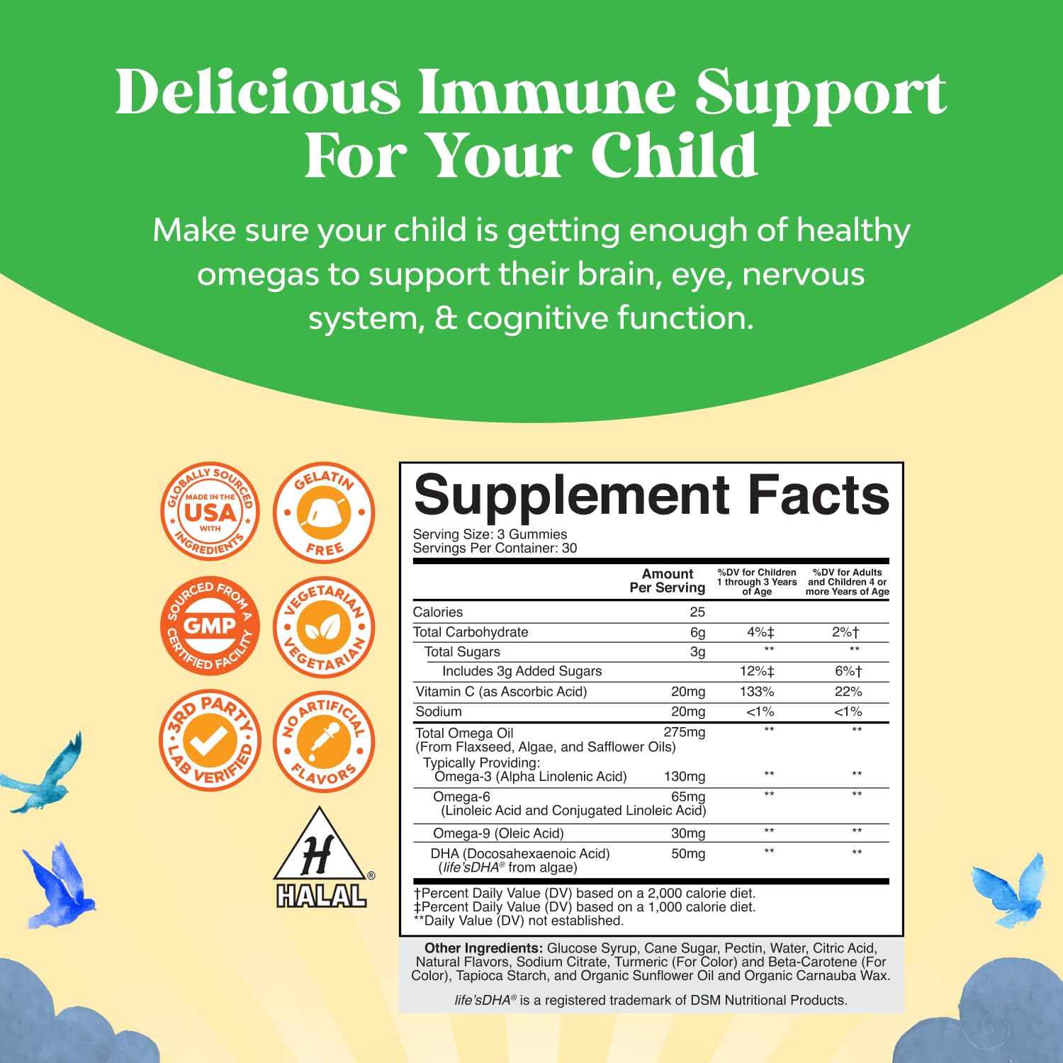 Natures Craft Kids DHA Omega-3 Gummies bottle back with ingredients and usage guidance