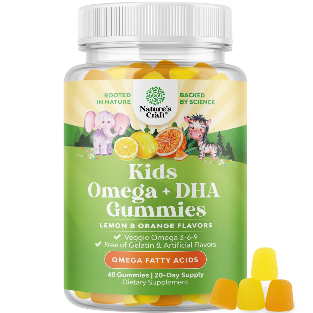 Nature's Craft Kids DHA Omega-3 Gummies bottle with plant-based omega blend for focus.