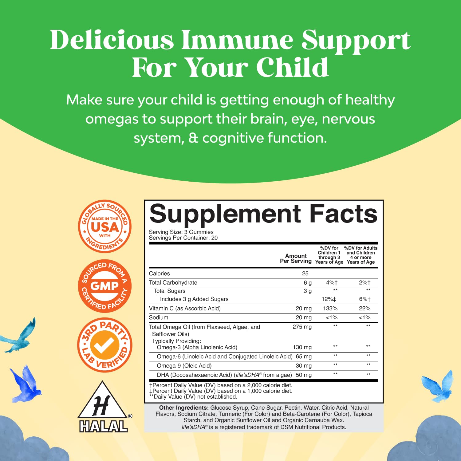 Nature's Craft Kids DHA Omega-3 Gummies fruity flavors captured in bright colors.
