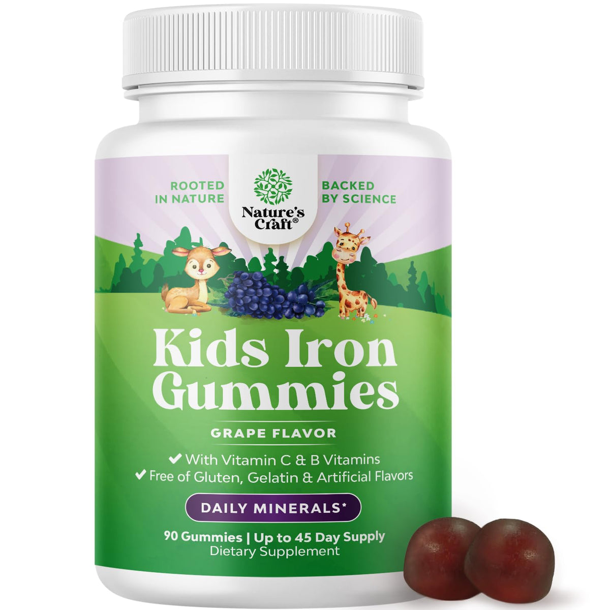 Natures Craft Kids Iron Gummies bottle promotes daily immunity support.