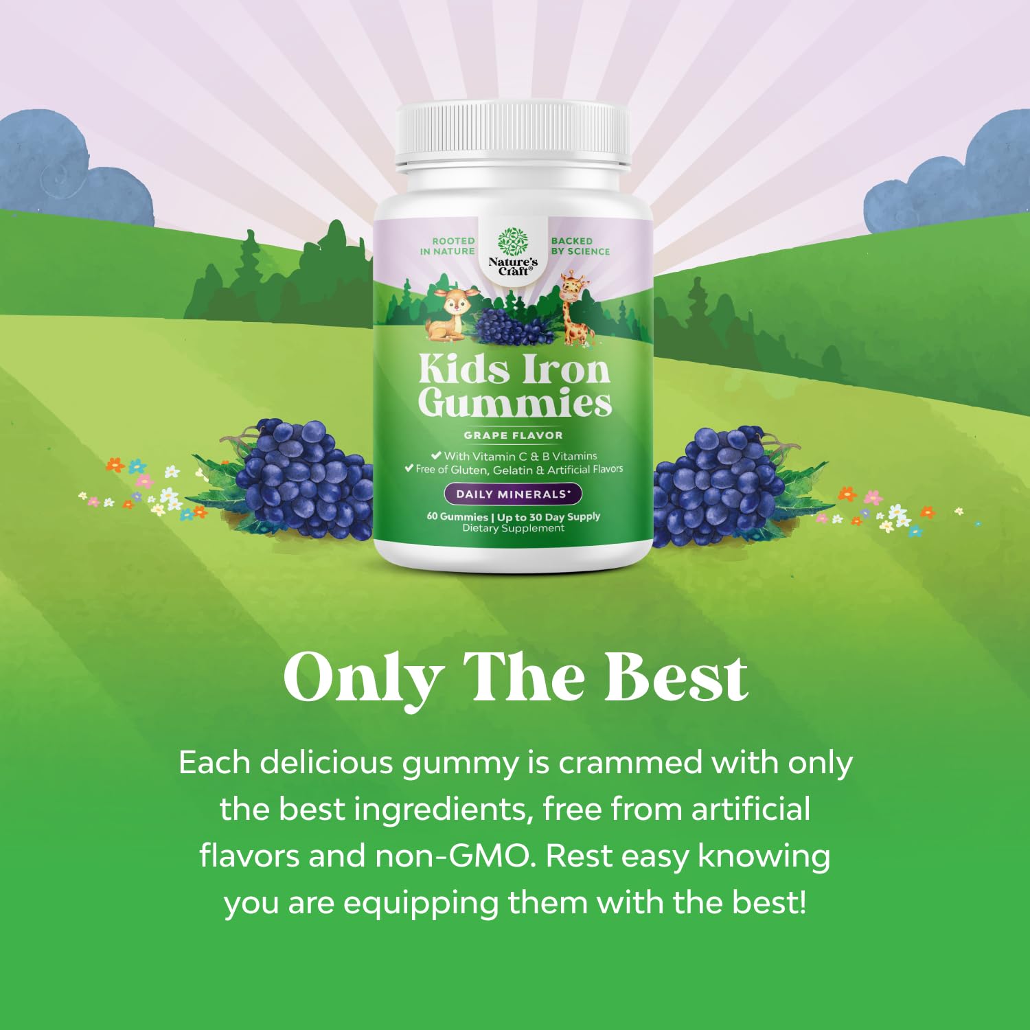 Nutrition panel of Natures Craft Kids Iron Gummies highlights vitamins.