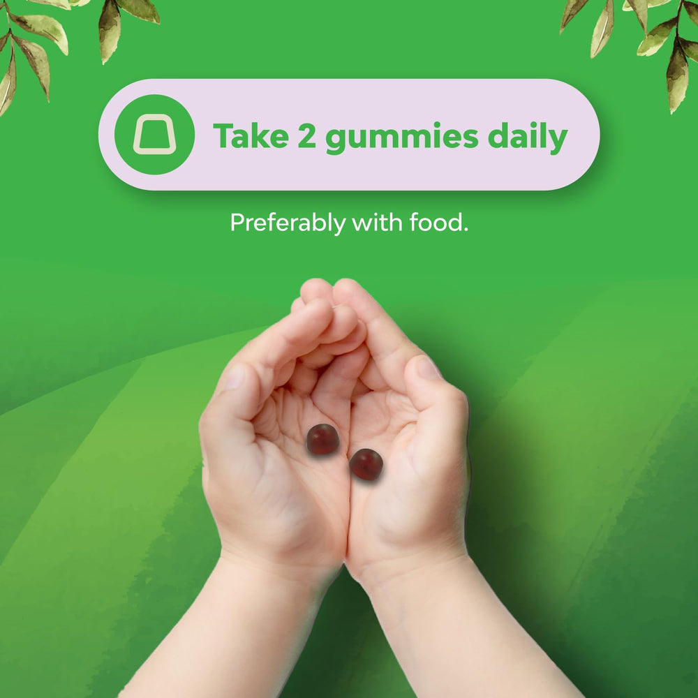 Natures Craft Kids Iron Gummies nutrition facts panel visible supports balanced nutrition.