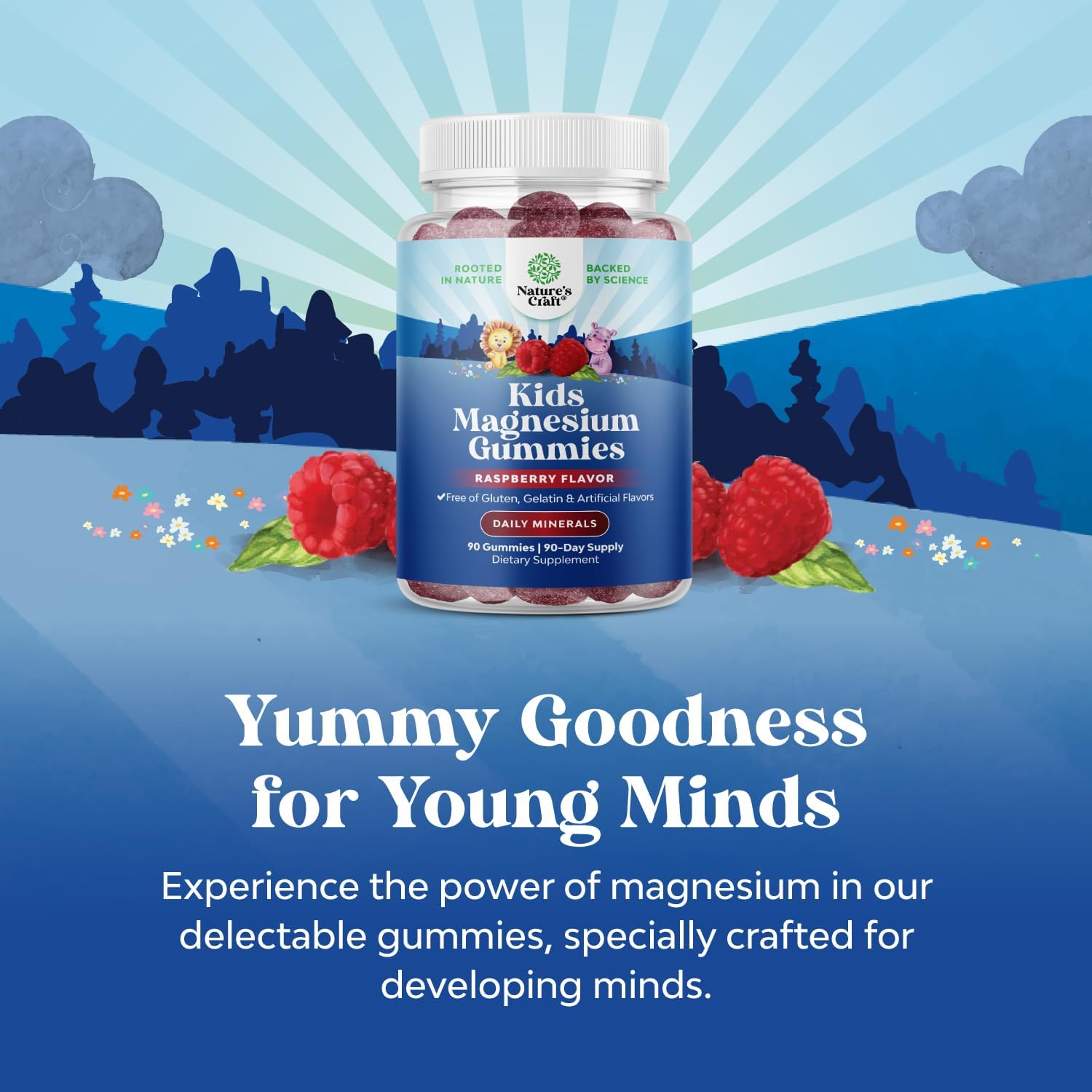 Nature's Craft Kids Magnesium Gummies bottle beside a glass of water for quick consumption