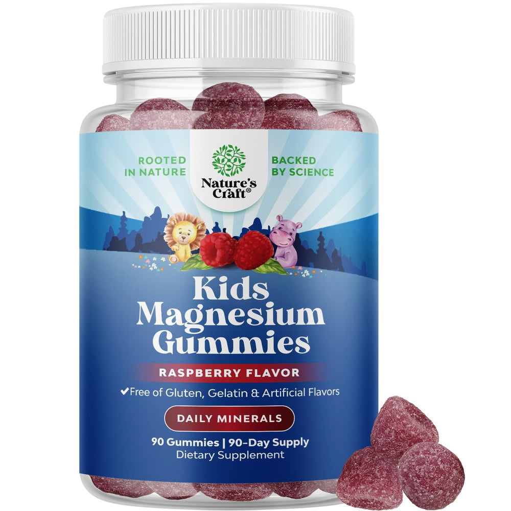 Nature's Craft Kids Magnesium Gummies bottle with raspberry flavor for calm support