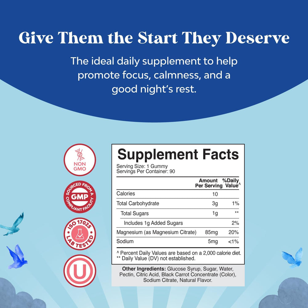 Nature's Craft Kids Magnesium Gummies label highlights kid-safe dosing for calm daily use