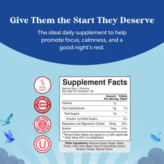 Nature's Craft Kids Magnesium Gummies label highlights kid-safe dosing for calm daily use