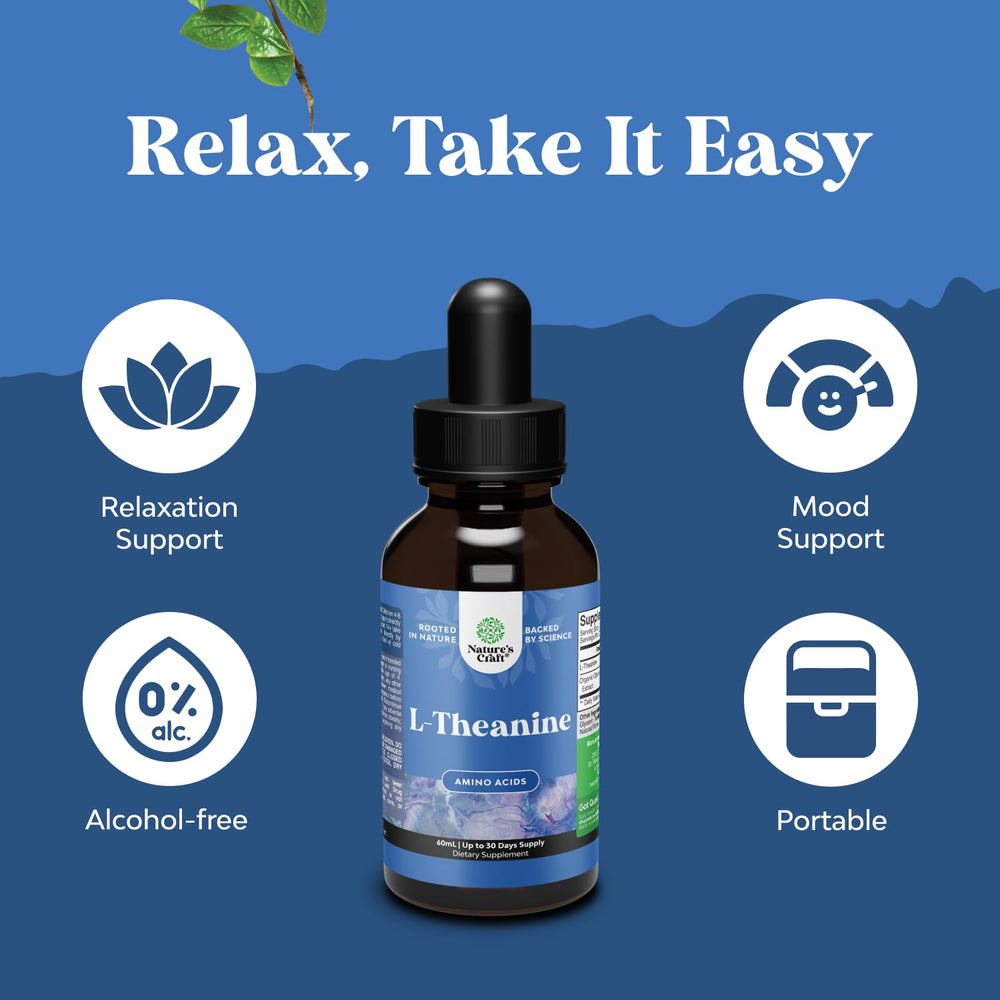Natures Craft L-Theanine Drops bottle on shelf for daily use.
