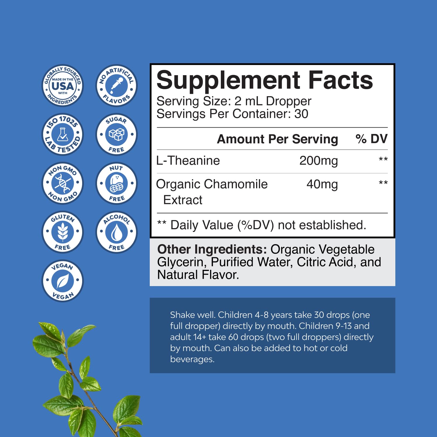 Natures Craft L-Theanine Drops dropper dispensing quick, calm focus.