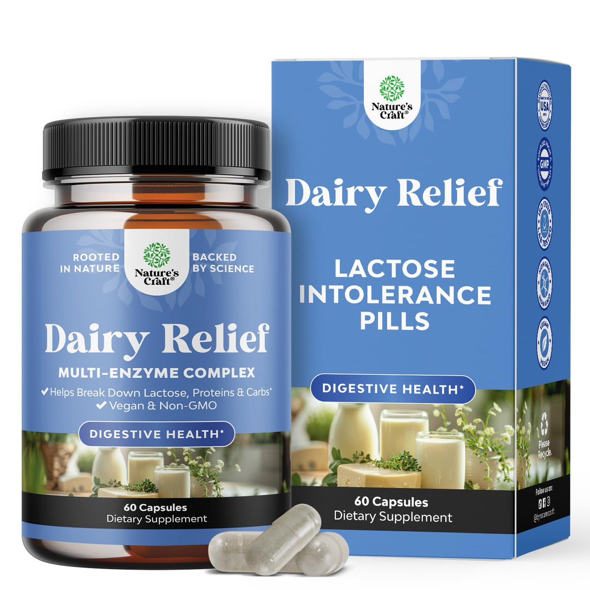 Natures Craft lactose intolerance pills bottle front for fast dairy comfort.