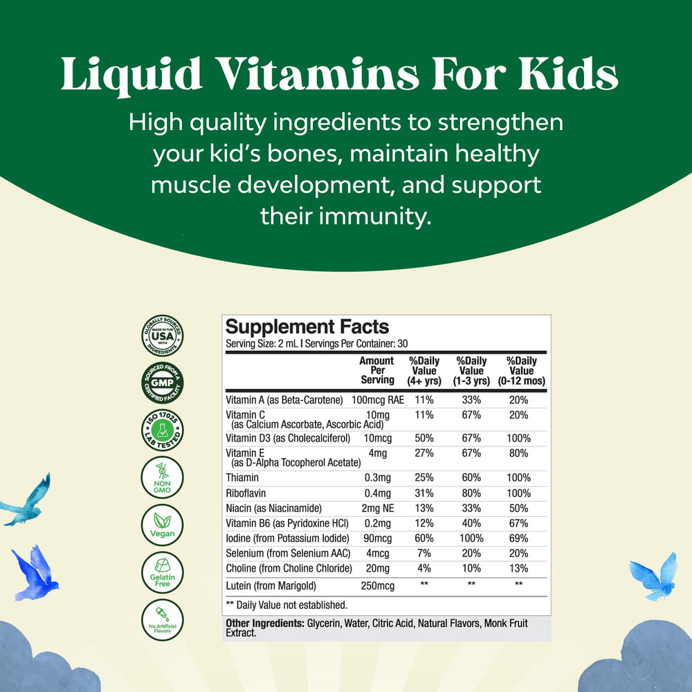 Natures Craft drops shown being dispensed for kid's vitamins