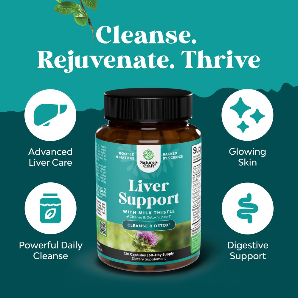 Natures Craft Liver Cleanse ingredients panel features milk thistle and dandelion blends.