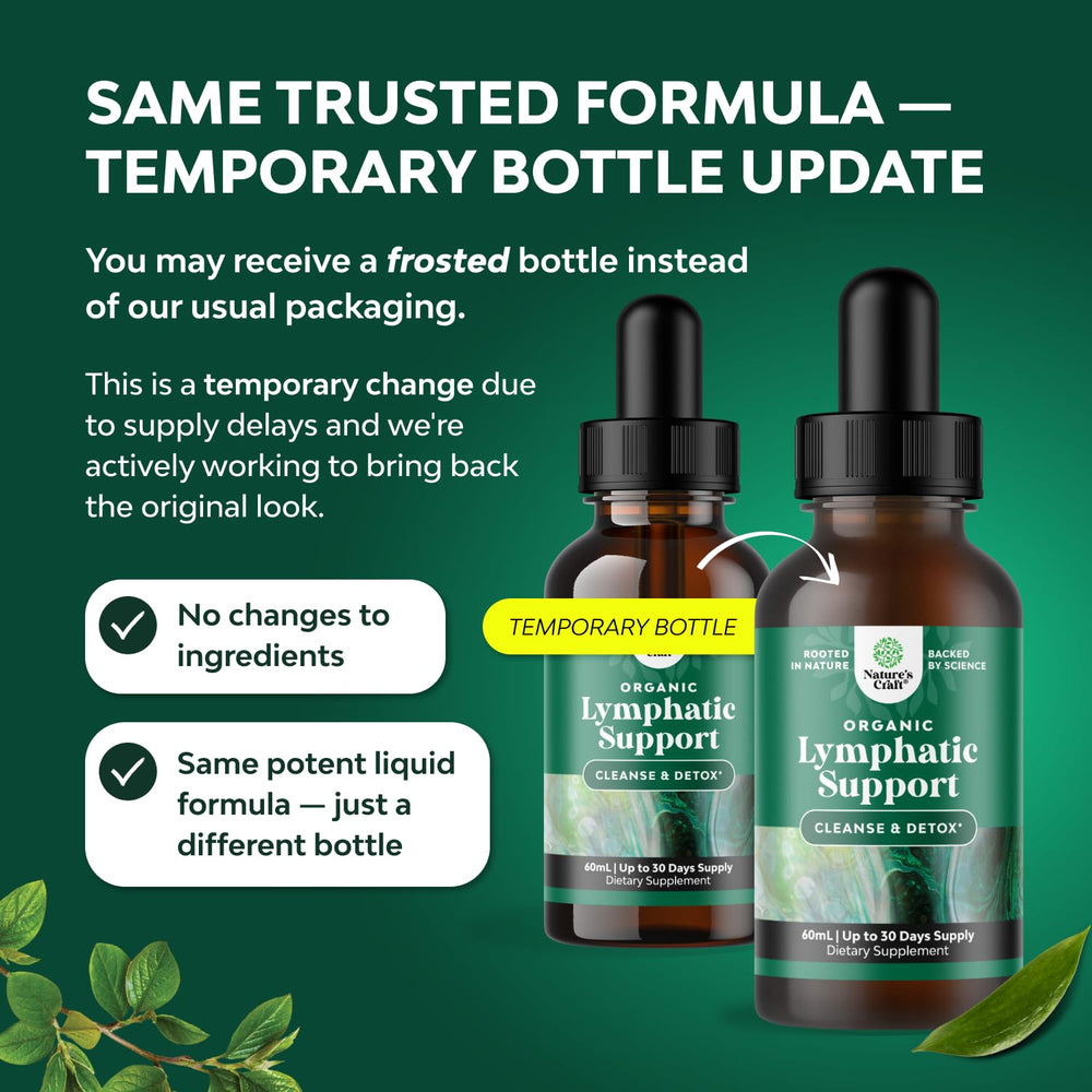 Natures Craft lymphatic drops label front highlights vegan and alcohol-free ingredients.