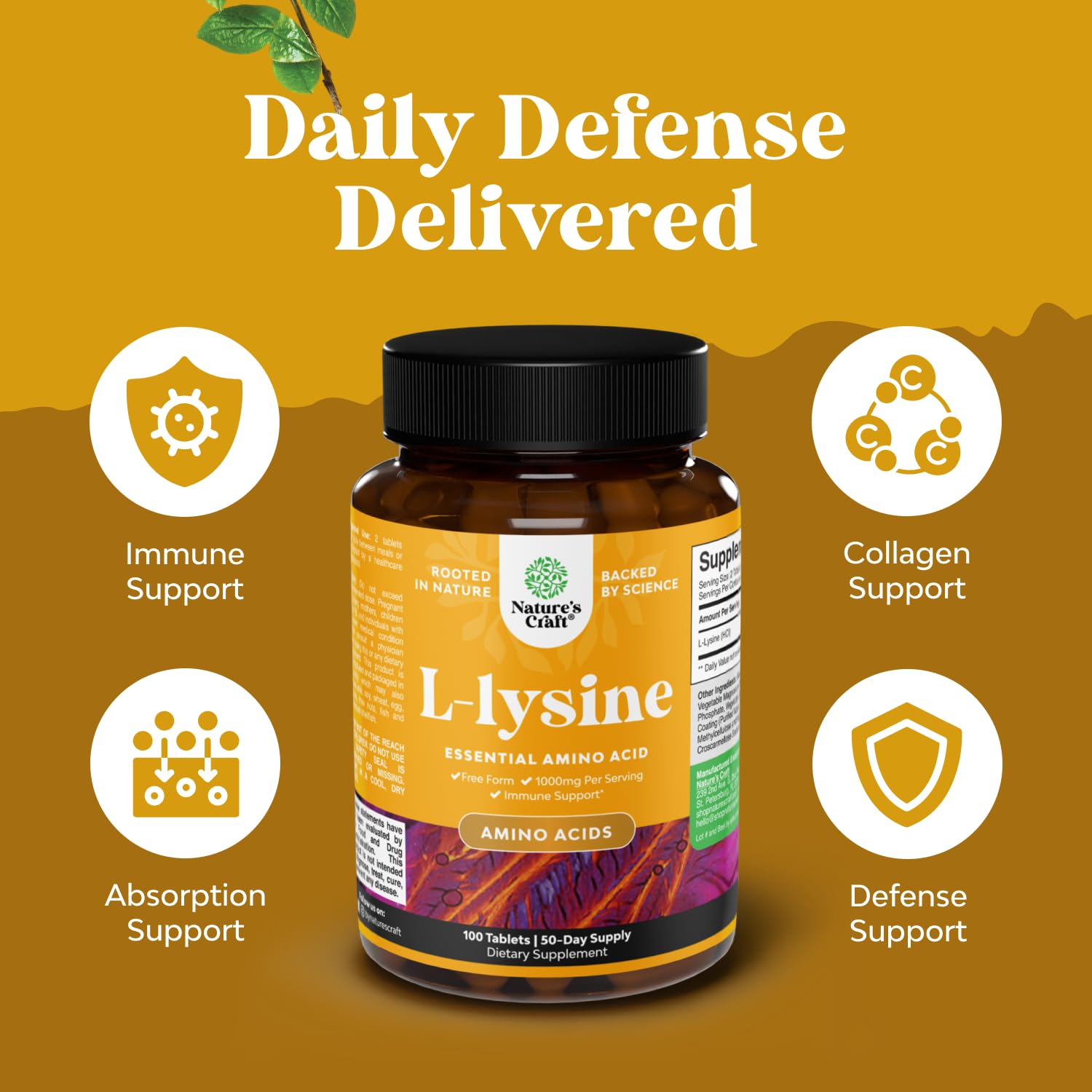 Nature's Craft Lysine 1000mg label shows vegan non GMO formula.