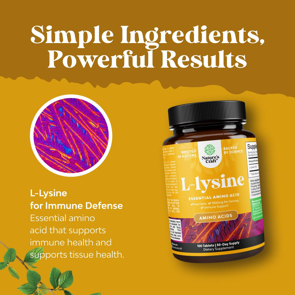 Packaging of Nature's Craft Lysine 1000mg highlighting dosage and vegan credentials.