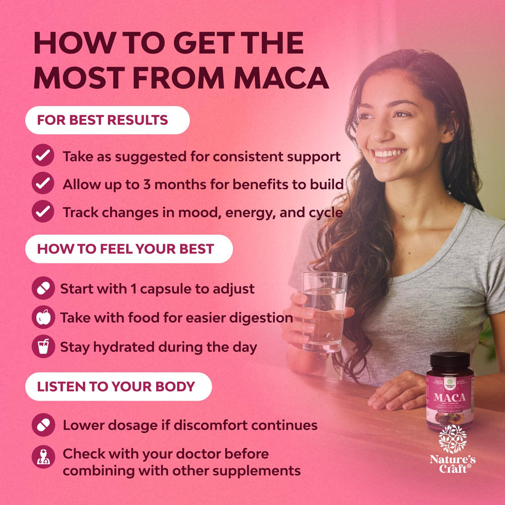 Natures Craft maca root blend for women illustration conveying hormonal balance and vitality.