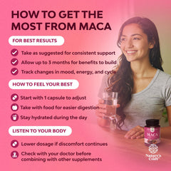 Natures Craft maca root blend for women illustration conveying hormonal balance and vitality.
