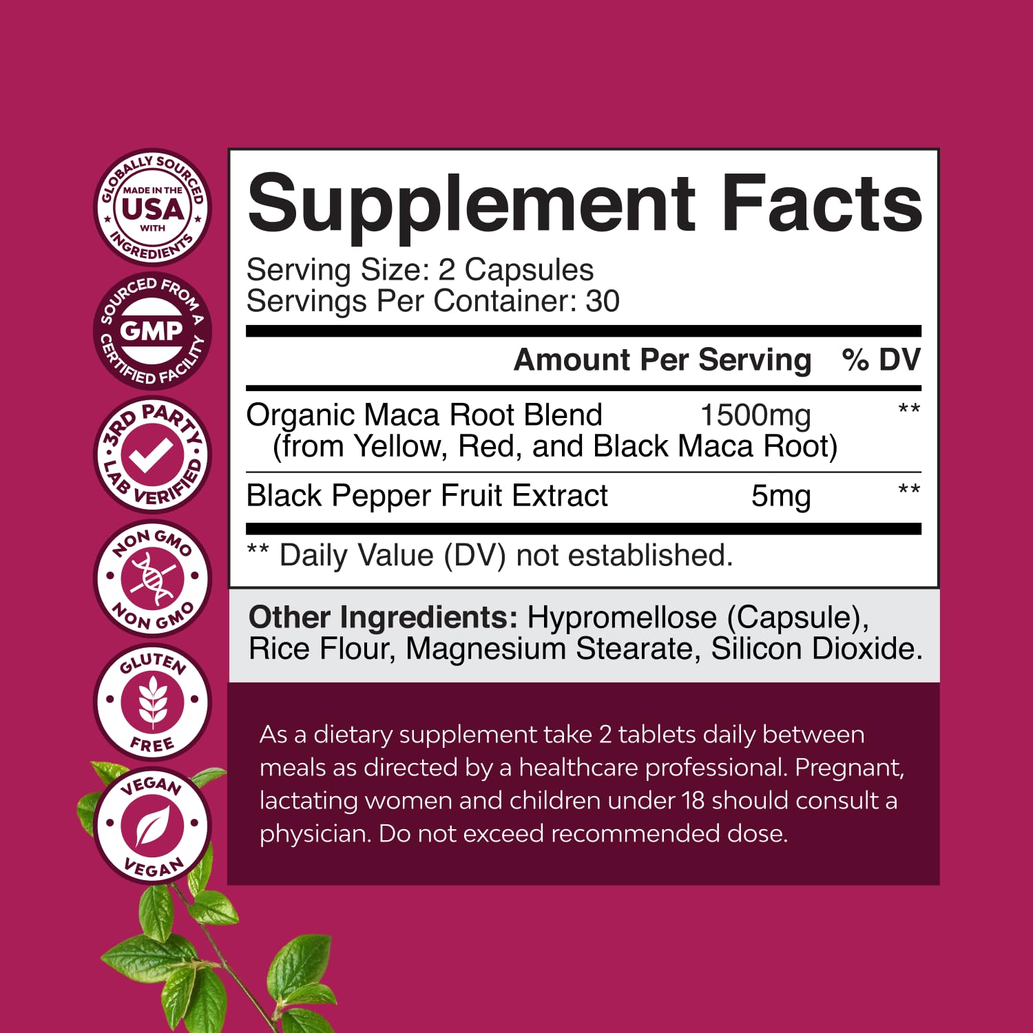Natures Craft maca root capsules close-up shows easy-to-swallow daily support.
