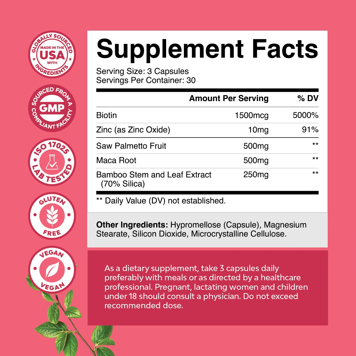 Nature's Craft maca root and saw palmetto ingredients label emphasizes natural wellness for hair