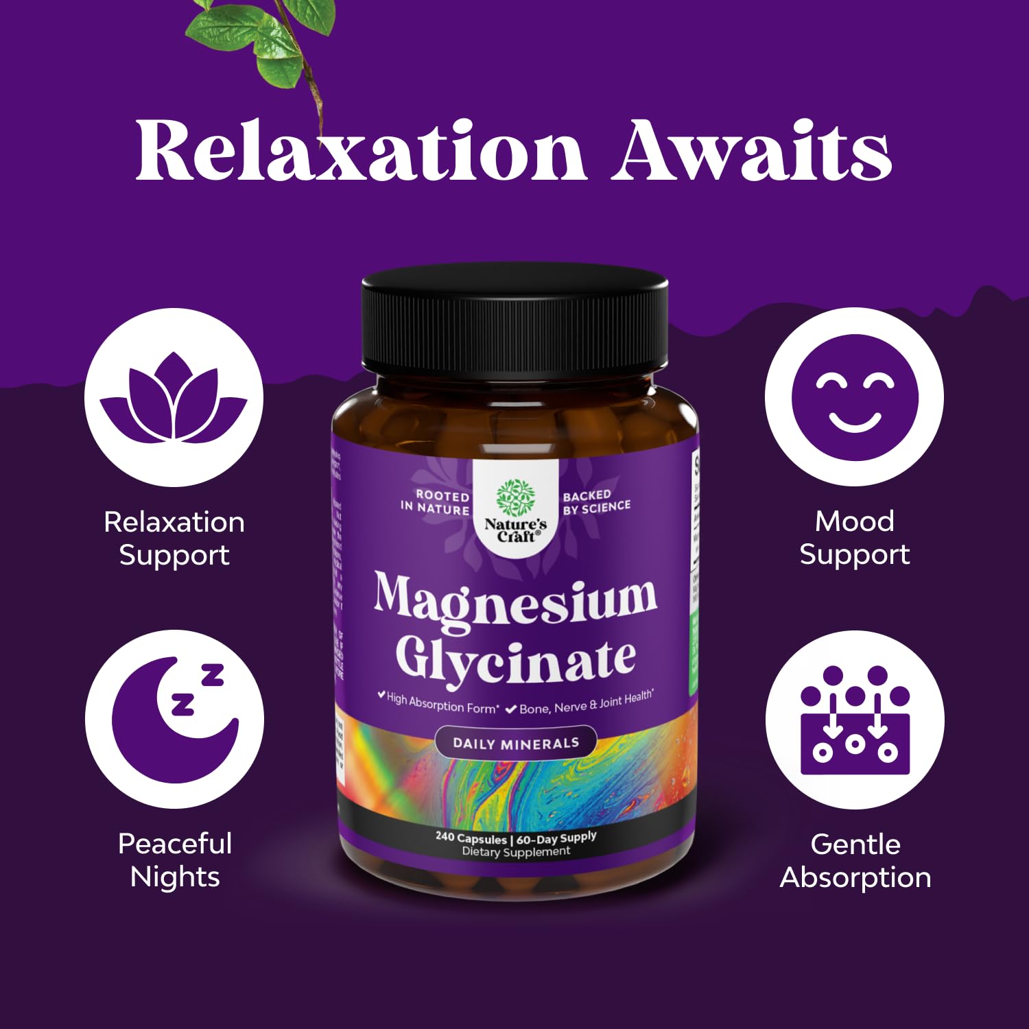Natures Craft magnesium glycinate bottle label detail with vegan chelated formula.