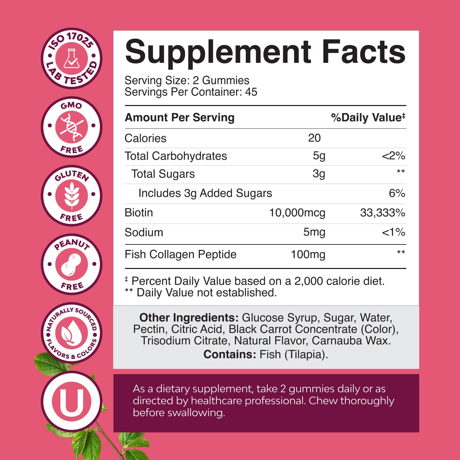 Natures Craft marine collagen gummies label emphasizes non-GMO and kosher quality ingredients for daily use.
