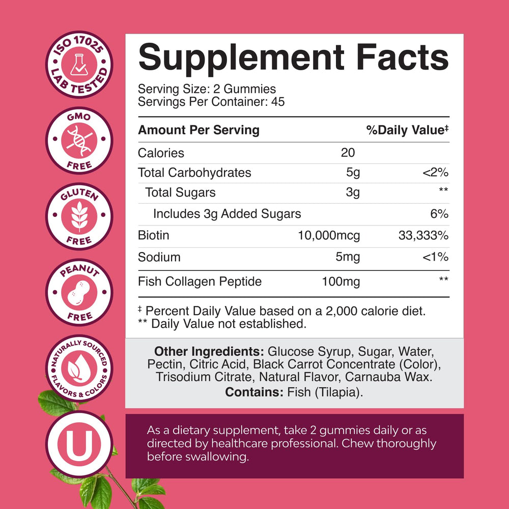 Natures Craft marine collagen gummies label emphasizes non-GMO and kosher quality ingredients for daily use.
