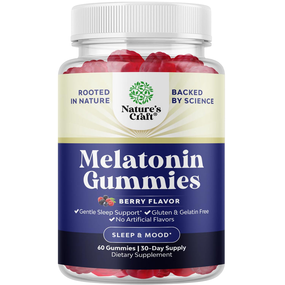 Nature's Craft Melatonin Gummies 5mg bottle on nightstand for restful evenings.