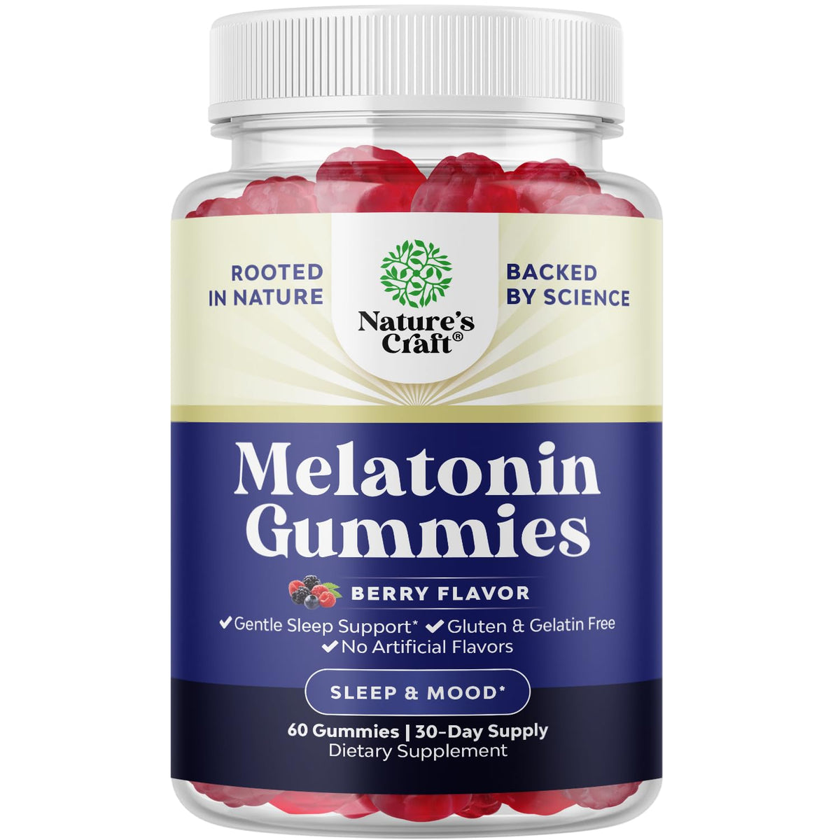 Nature's Craft Melatonin Gummies 5mg bottle on nightstand for restful evenings.