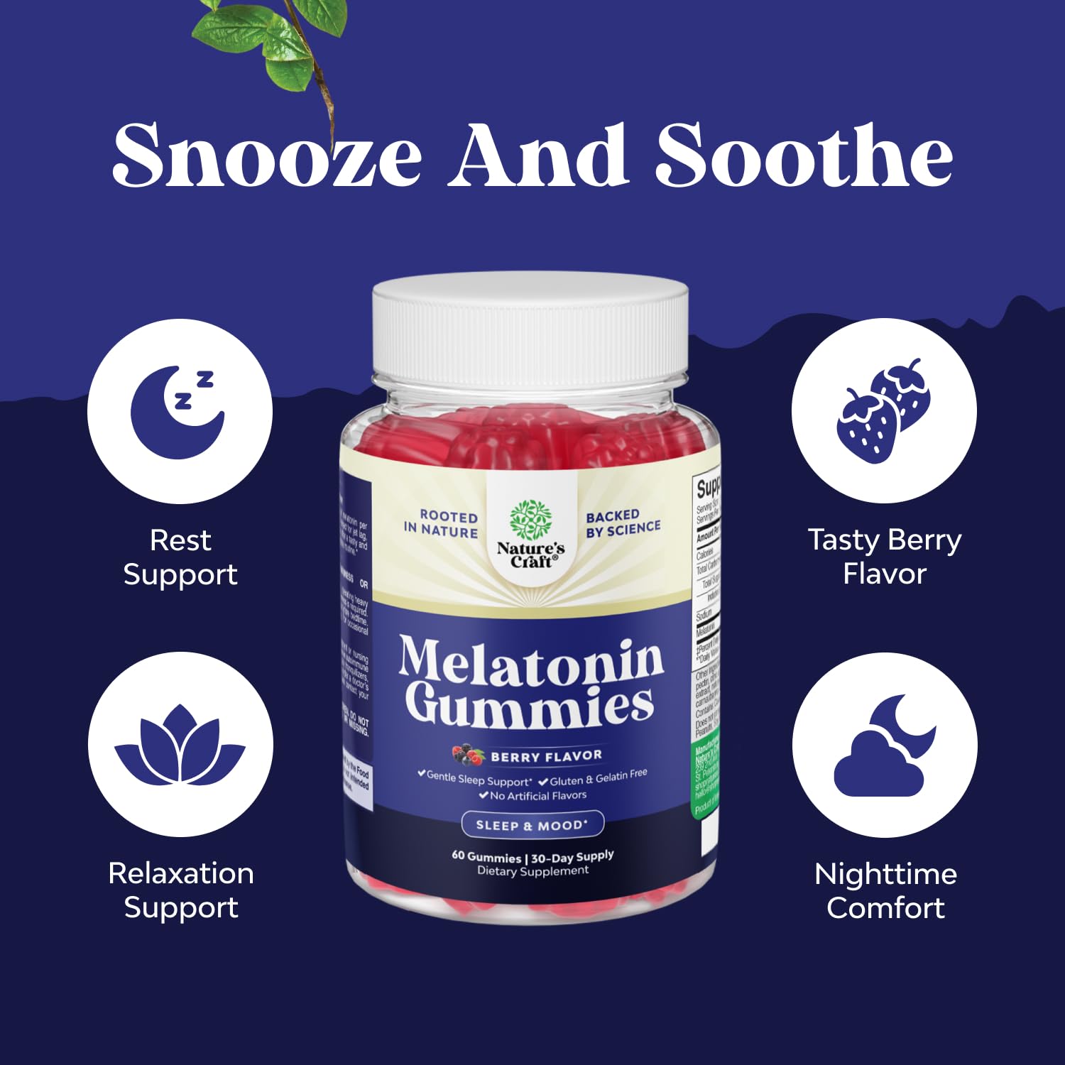 Gelatin-free Nature's Craft Melatonin Gummies packaging highlights clean ingredients.
