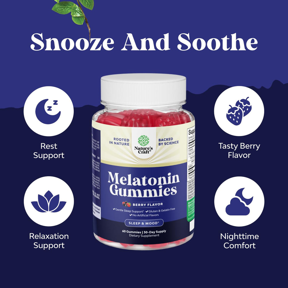 Gelatin-free Nature's Craft Melatonin Gummies packaging highlights clean ingredients.