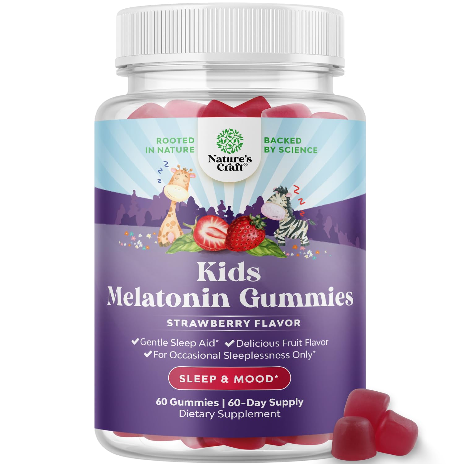 Nature's Craft kids melatonin gummies jar for bedtime support and tasty routine.