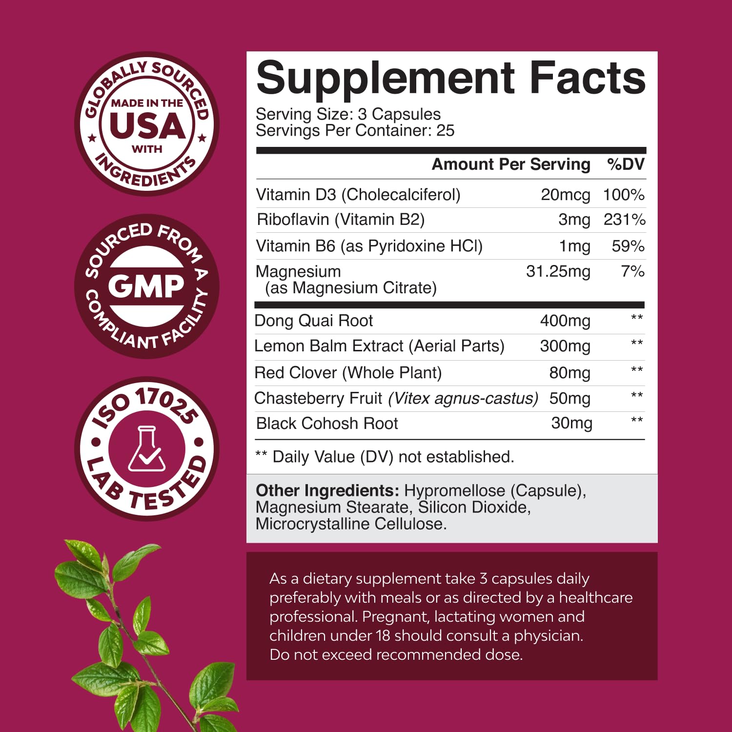 Closeup of Natures Craft menopause capsules for daily support.