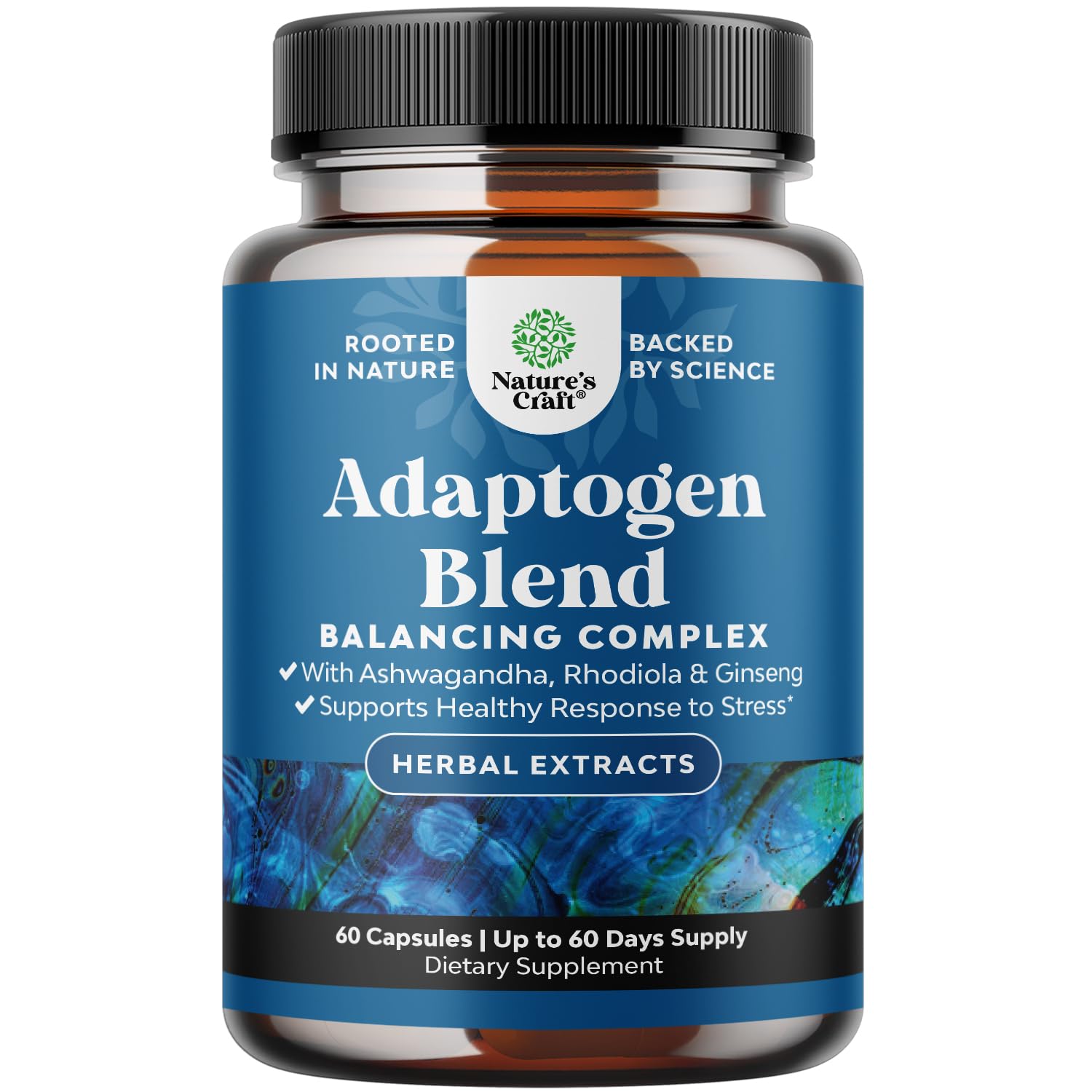 Nature's Craft Mood Support bottle close-up highlighting calming adaptogens for daily stress relief.
