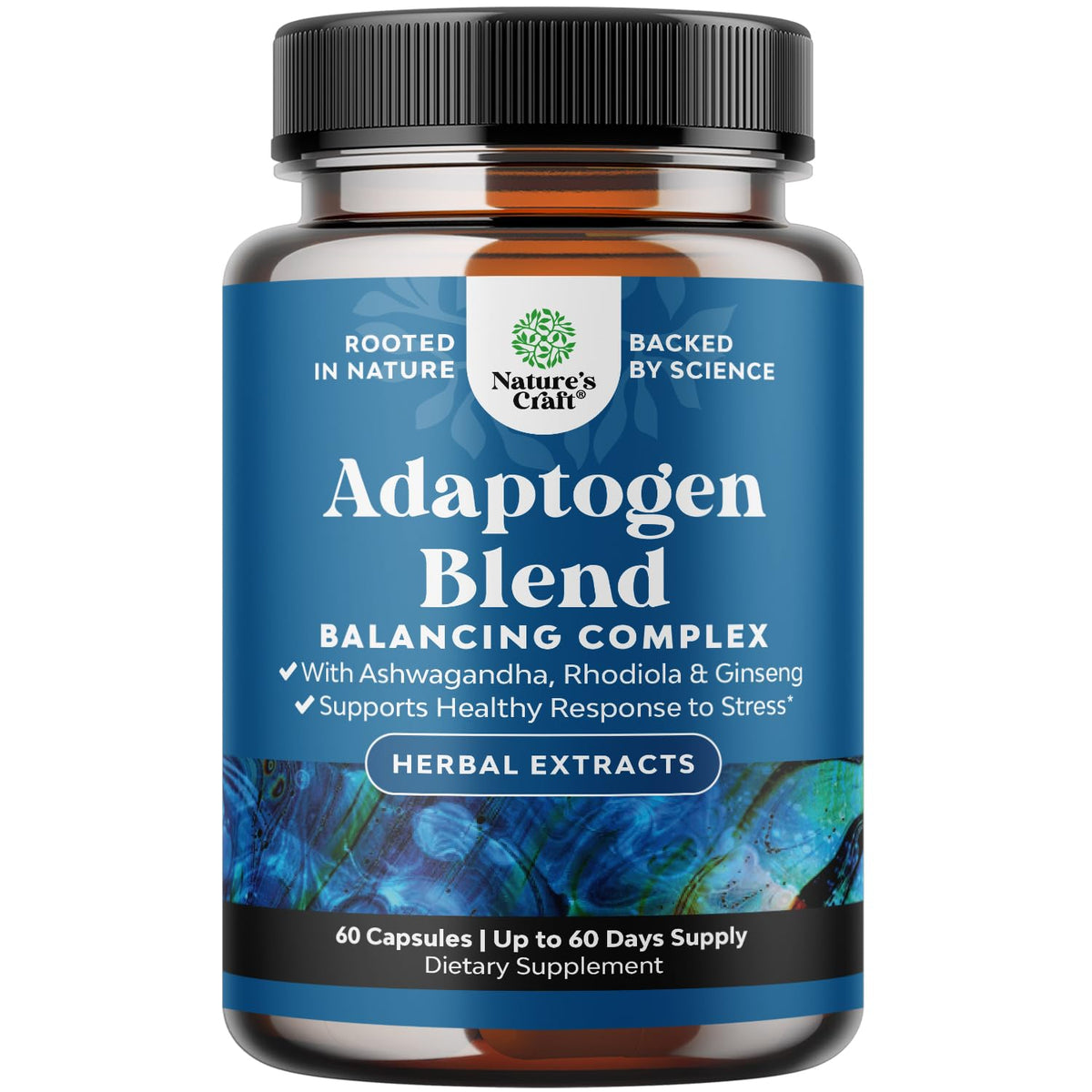 Nature's Craft Mood Support bottle close-up highlighting calming adaptogens for daily stress relief.
