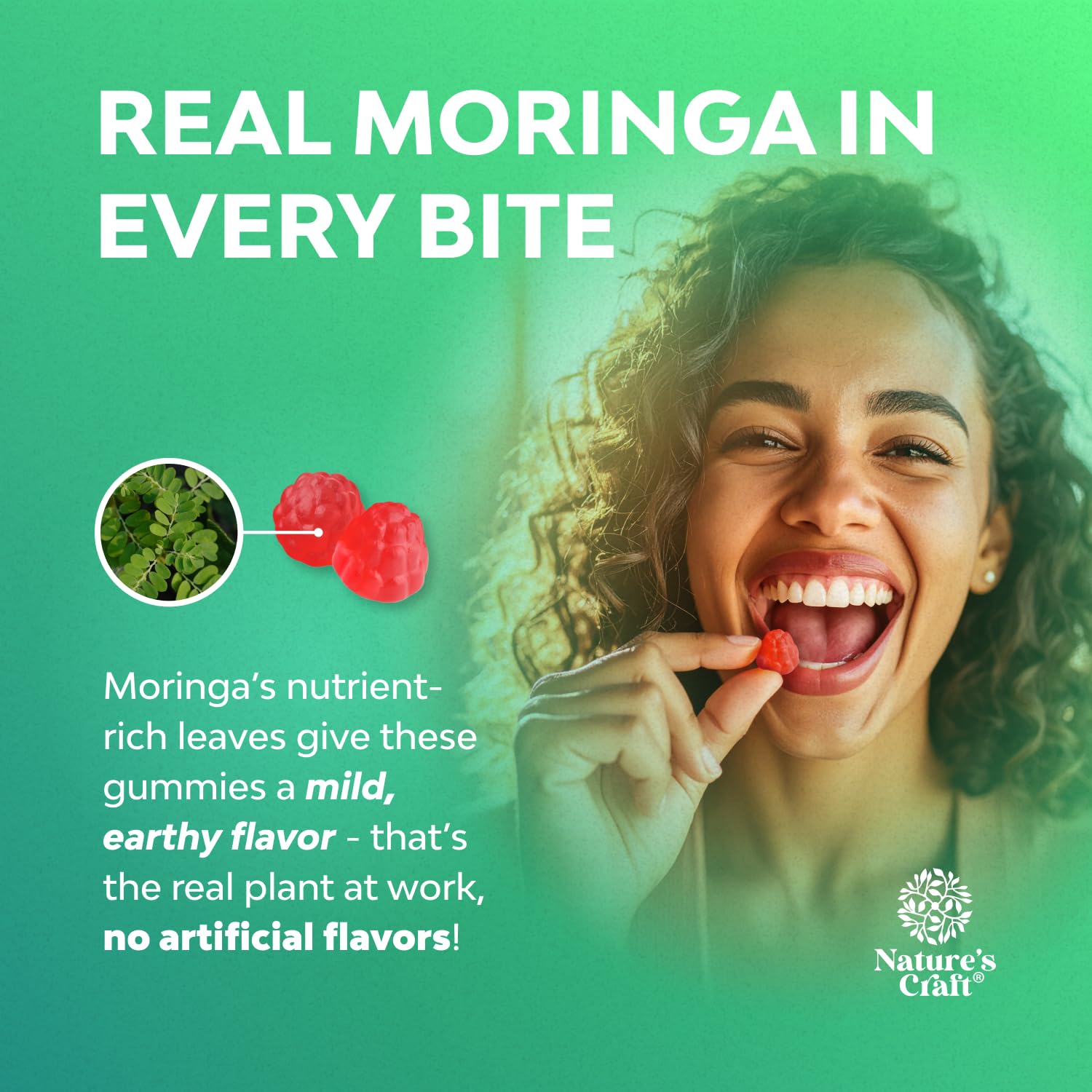 Ingredients label on moringa gummies packaging highlighting natural nutrients.