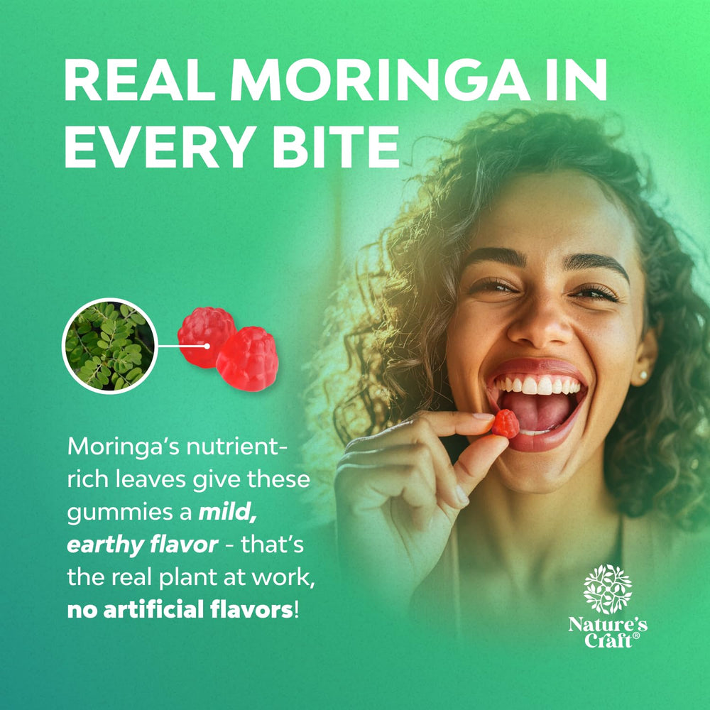 Ingredients label on moringa gummies packaging highlighting natural nutrients.