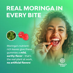 Ingredients label on moringa gummies packaging highlighting natural nutrients.