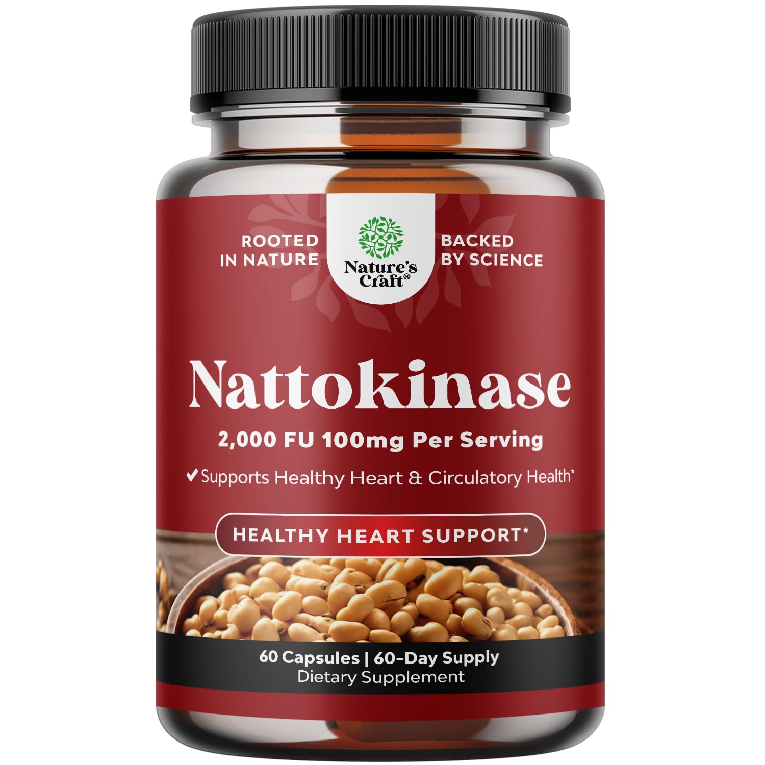Nature's Craft nattokinase bottle close-up showing 2000 FU potency for circulatory support.