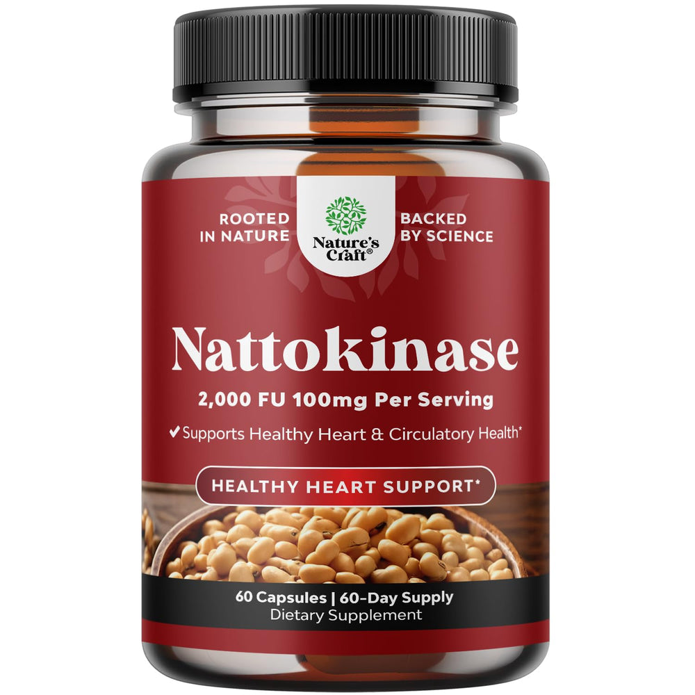 Nature's Craft nattokinase bottle close-up showing 2000 FU potency for circulatory support.
