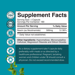 Natures Craft Niacinamide 500mg bottle label front, highlighting flush-free niacin option.