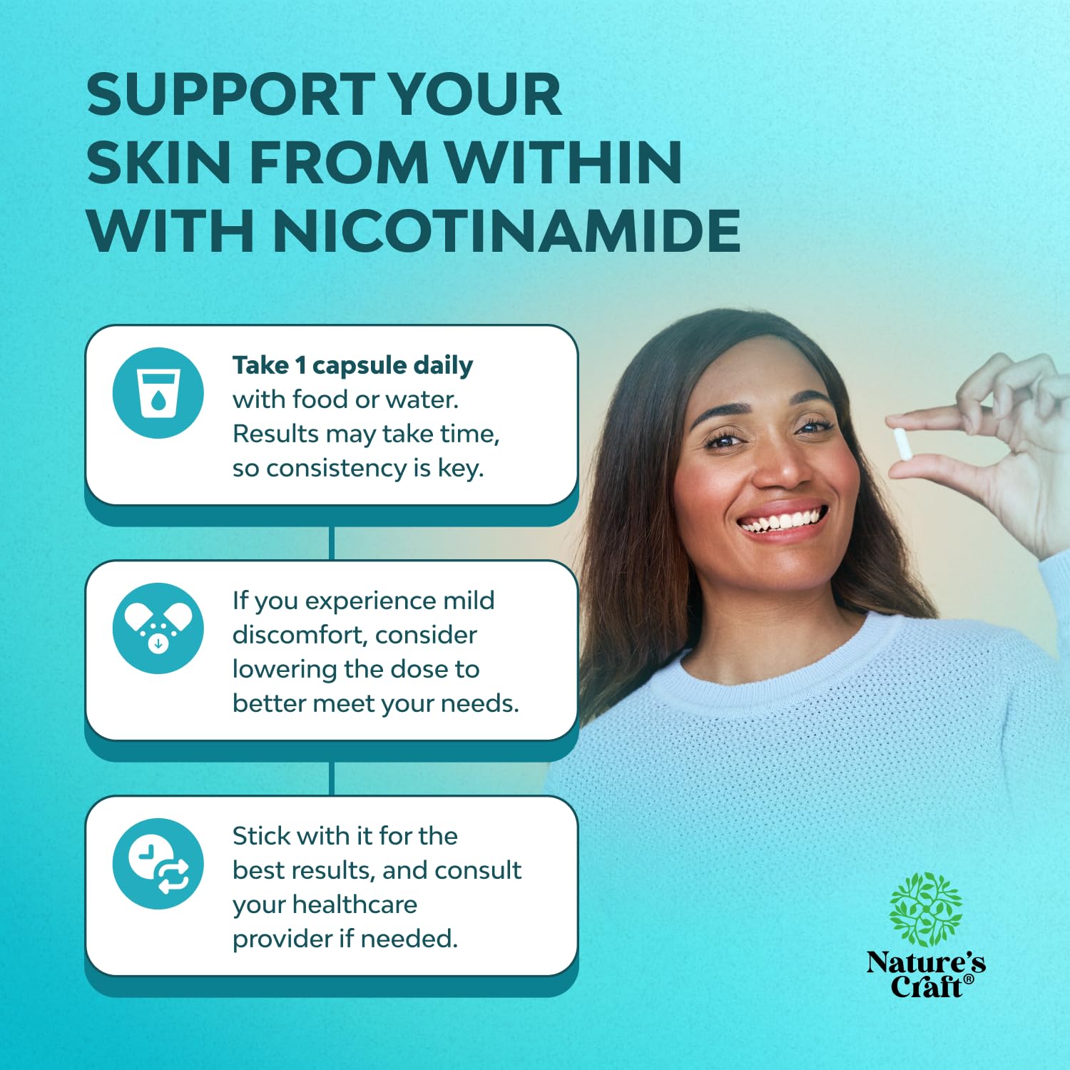 Natures Craft Niacinamide 500mg bottle on desk, convenient daily supplement choice.