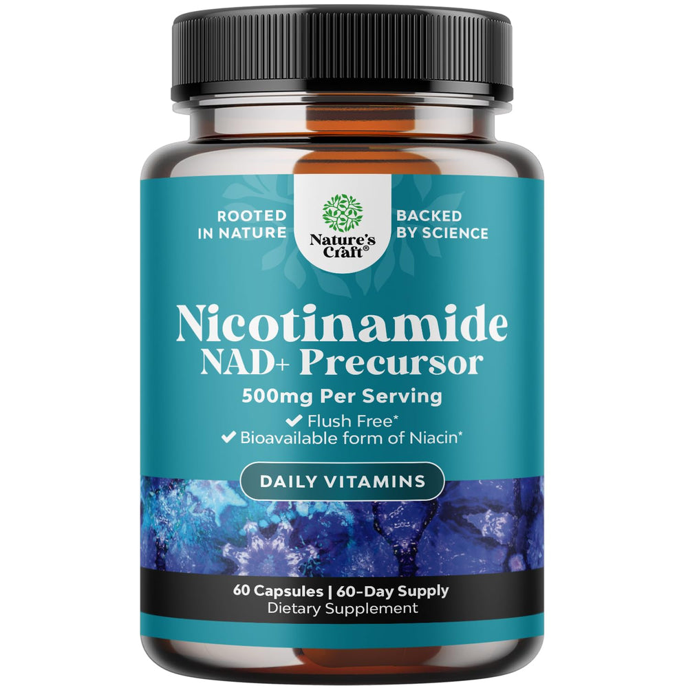 Natures Craft Niacinamide 500mg capsules bottle for daily energy and skin support.