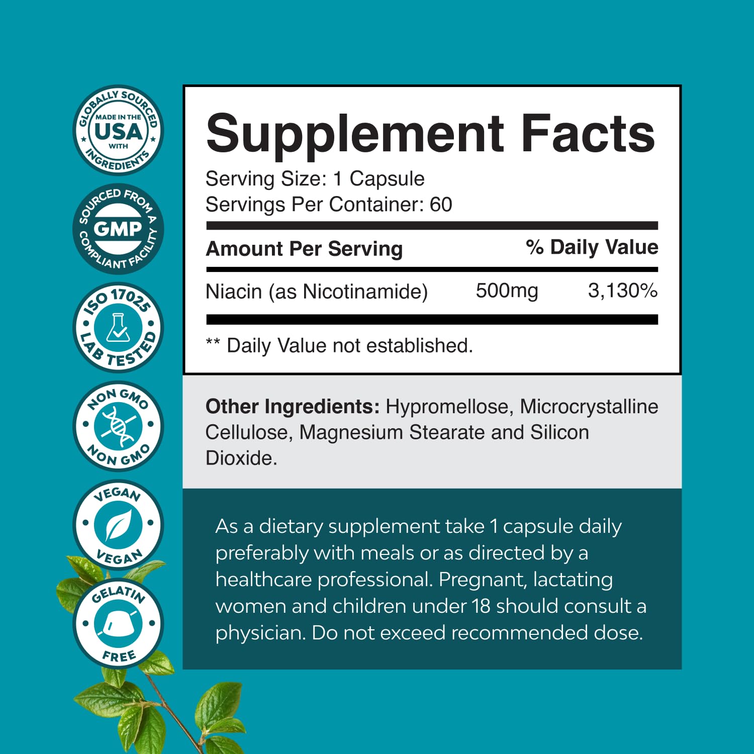 Natures Craft Niacinamide 500mg capsules front label highlights flush-free formula.